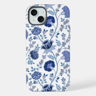 Jacobean Floral Big Pattern Blues on White iPhone 15 Plus Case