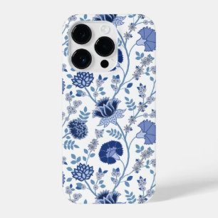 Jacobean Floral Big Pattern Blues on White iPhone 14 Pro Case