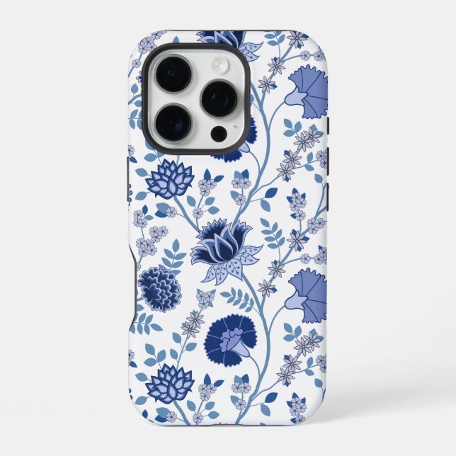 Jacobean Floral Big Pattern Blues on White iPhone Case (Back)