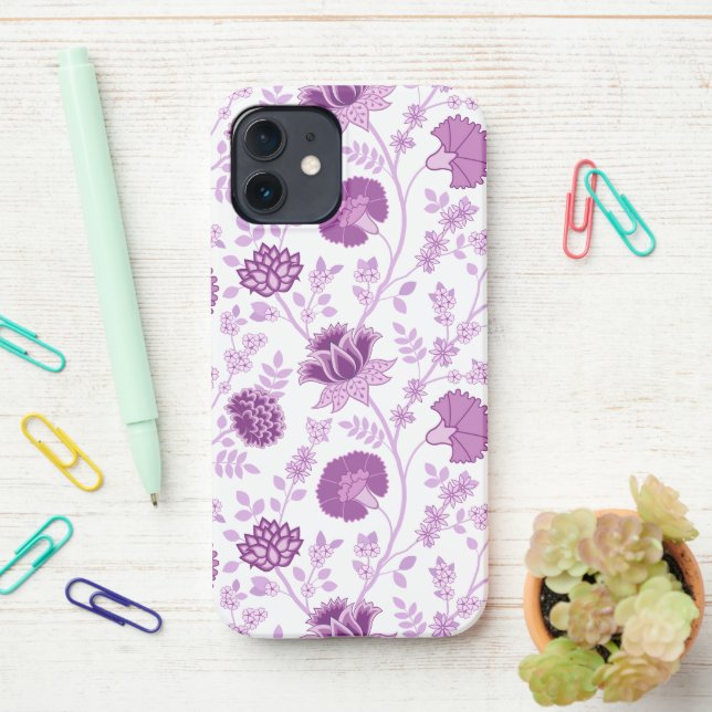 Jacobean Floral Big Pattern Pinks on White iPhone Case (On Desk)