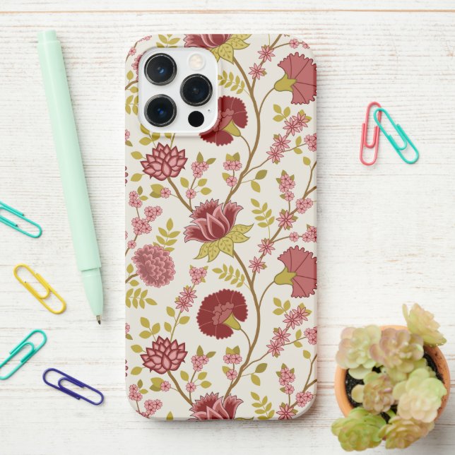 Jacobean Floral Big Pattern Reds Pinks Gold Cream iPhone Case (On Desk)