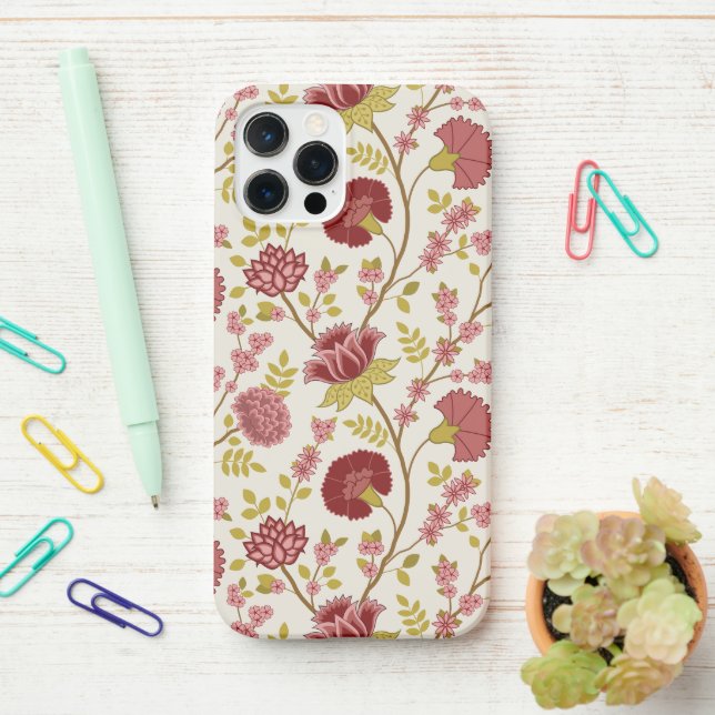 Jacobean Floral Big Pattern Reds Pinks Gold Cream iPhone Case (On Desk)