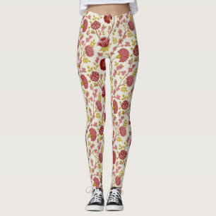 Jacobean Floral Big Pattern Reds Pinks Gold Cream Leggings