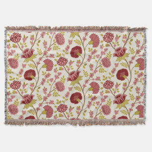 Jacobean Floral Big Pattern Reds Pinks Gold Cream Throw Blanket