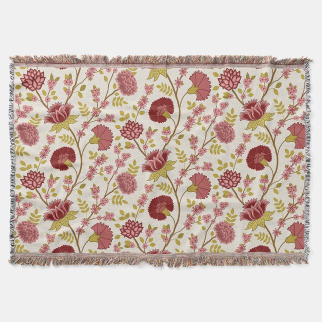 Jacobean Floral Big Pattern Reds Pinks Gold Cream Throw Blanket (Front)