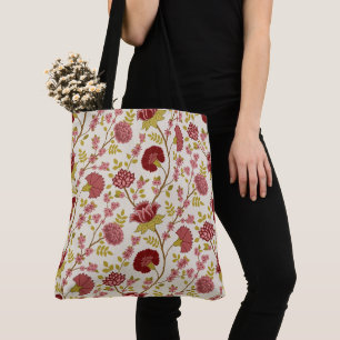 Jacobean Floral Big Pattern Reds Pinks Gold Cream Tote Bag