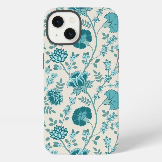 Jacobean Floral Big Pattern Teals on Cream iPhone Case (Back)