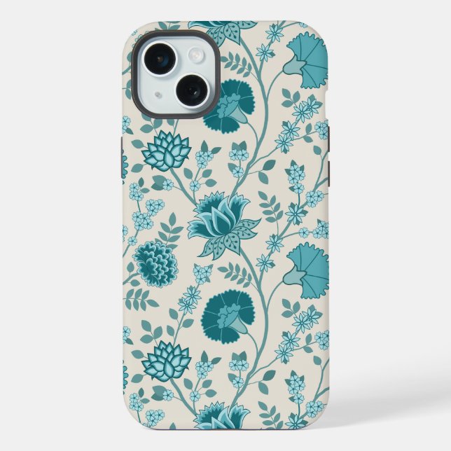 Jacobean Floral Big Pattern Teals on Cream iPhone Case (Back)