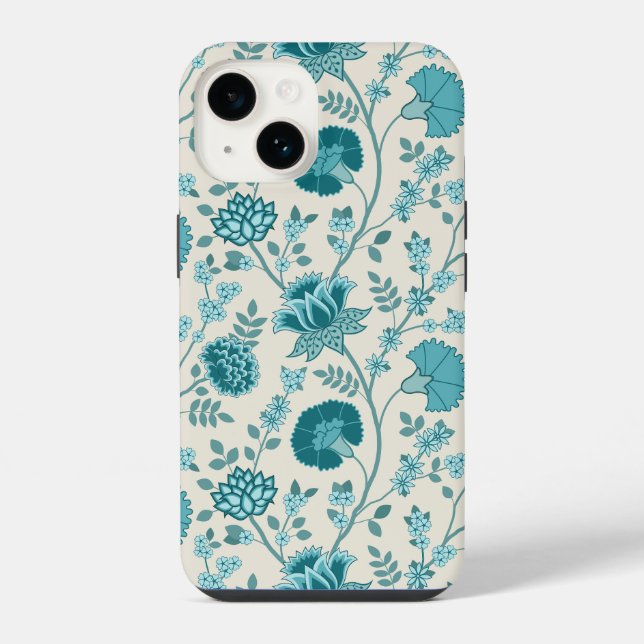 Jacobean Floral Big Pattern Teals on Cream iPhone Case (Back)