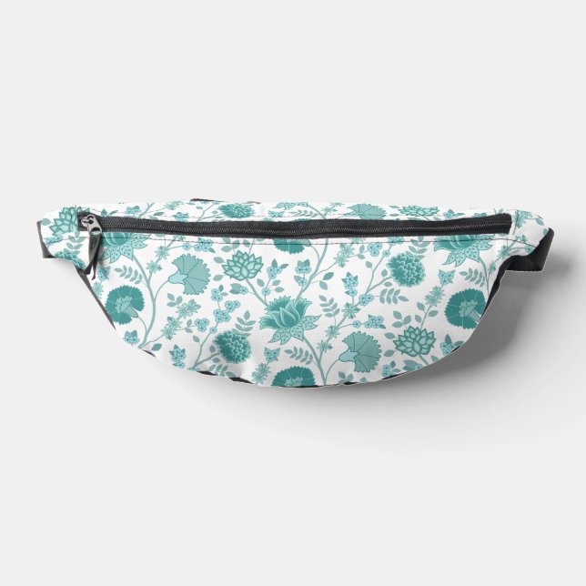 Jacobean Floral Big Pattern Teals on White Bum Bags (Lay Down)