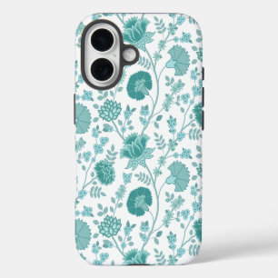 Jacobean Floral Big Pattern Teals on White iPhone 16 Case