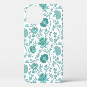 Jacobean Floral Big Pattern Teals on White iPhone 12 Case