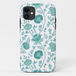 Jacobean Floral Big Pattern Teals on White iPhone 11 Case