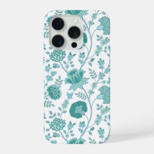 Jacobean Floral Big Pattern Teals on White iPhone 15 Pro Case