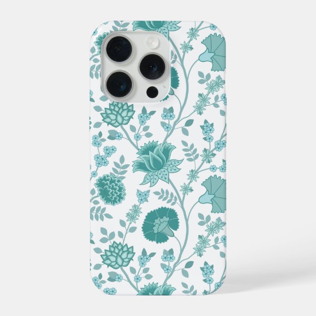 Jacobean Floral Big Pattern Teals on White iPhone Case (Back)