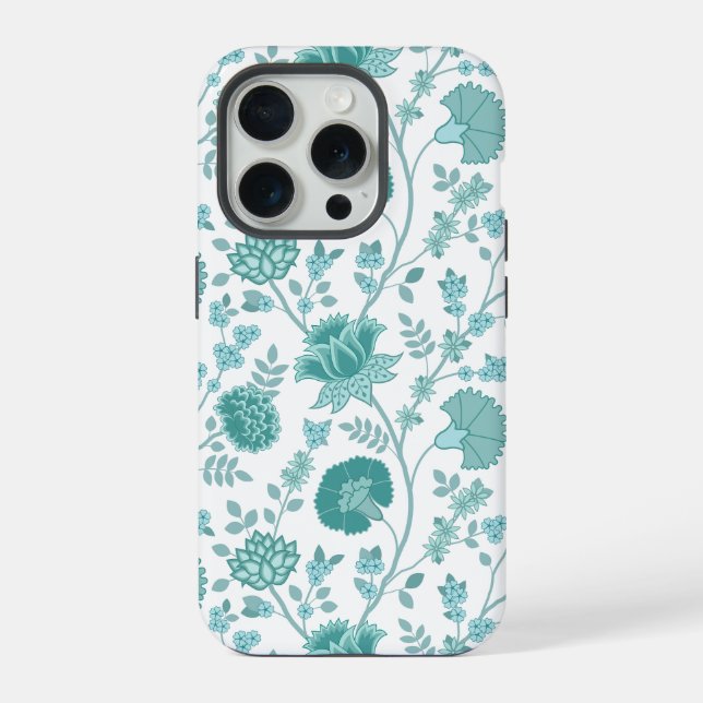 Jacobean Floral Big Pattern Teals on White iPhone Case (Back)