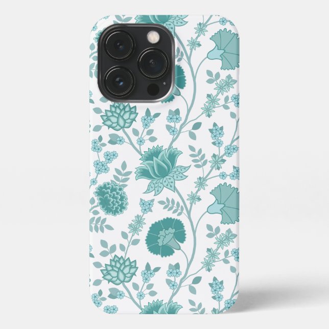 Jacobean Floral Big Pattern Teals on White iPhone Case (Back)