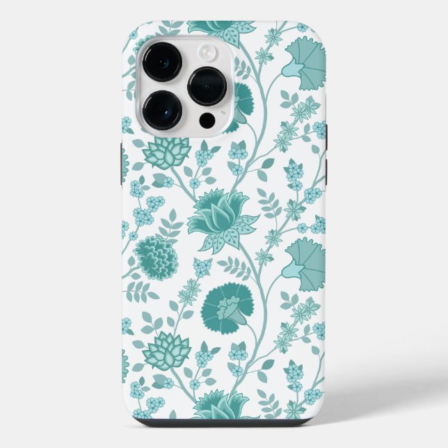 Jacobean Floral Big Pattern Teals on White iPhone Case (Back)