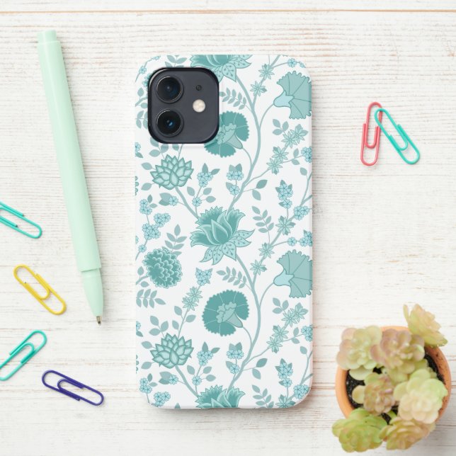 Jacobean Floral Big Pattern Teals on White iPhone Case (On Desk)