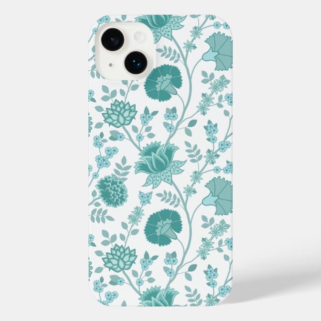 Jacobean Floral Big Pattern Teals on White iPhone Case (Back)