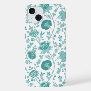 Jacobean Floral Big Pattern Teals on White iPhone 15 Plus Case