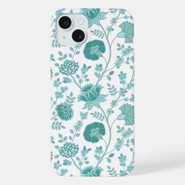 Jacobean Floral Big Pattern Teals on White iPhone Case (Back)