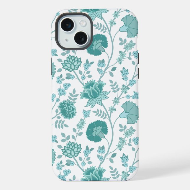 Jacobean Floral Big Pattern Teals on White iPhone Case (Back)