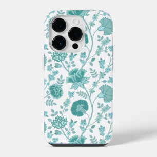 Jacobean Floral Big Pattern Teals on White iPhone 14 Pro Case