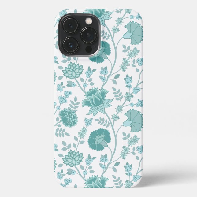 Jacobean Floral Big Pattern Teals on White iPhone Case (Back)