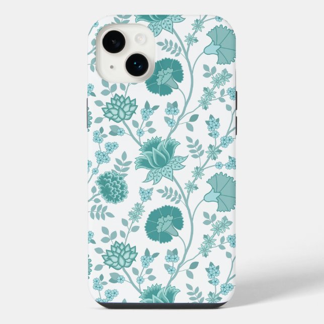 Jacobean Floral Big Pattern Teals on White iPhone Case (Back)
