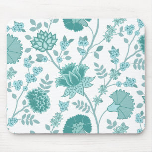 Jacobean Floral Big Pattern Teals on White Mouse Mat