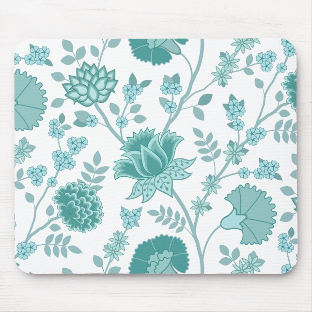 Jacobean Floral Big Pattern Teals on White Mouse Mat (Front)
