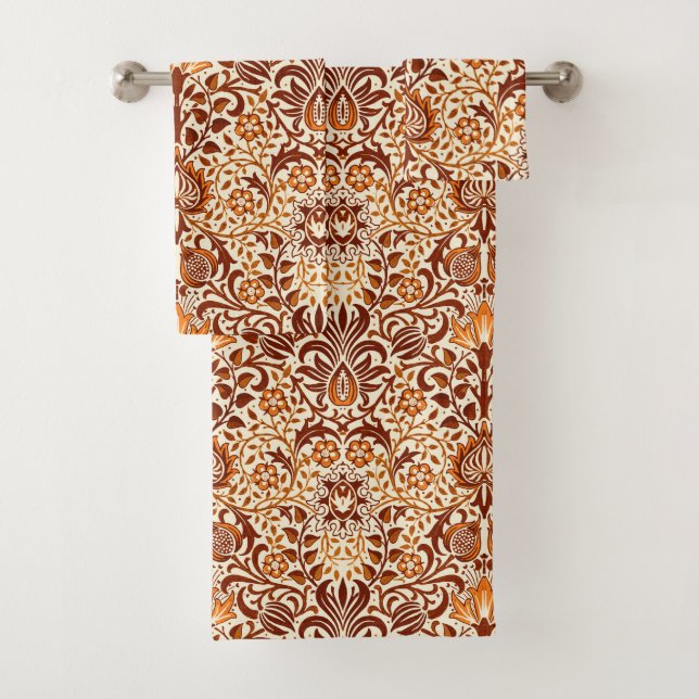 Jacobean Floral Damask, Beige and Chocolate Brown Bath Towel Set (Insitu)