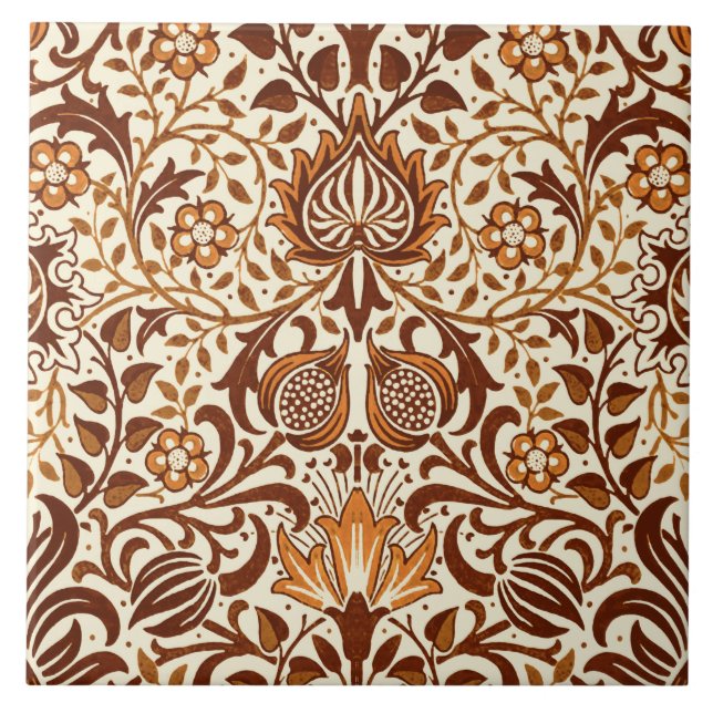 Jacobean Floral Damask, Beige and Chocolate Brown Tile (Front)