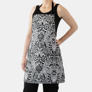 Jacobean Floral Damask, Black, White and Grey Apron