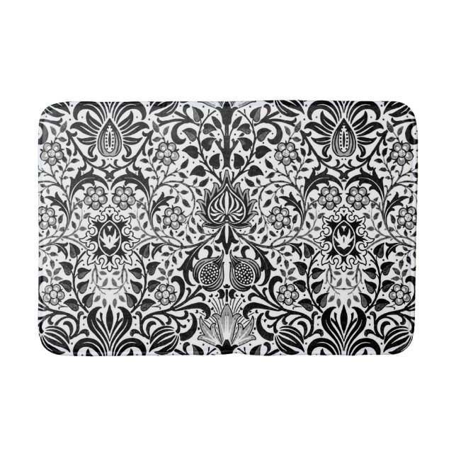 Jacobean Floral Damask, Black, White and Grey  Bath Mat (Front)
