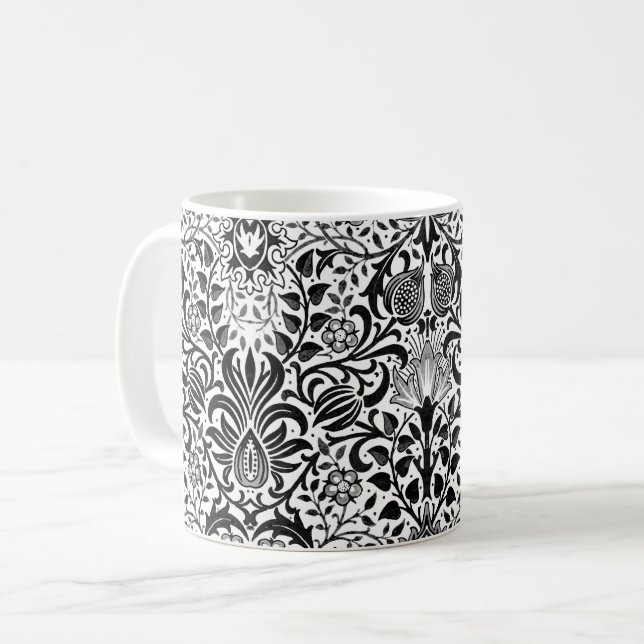 Jacobean Floral Damask, Black, White and Grey Coffee Mug (Front Left)