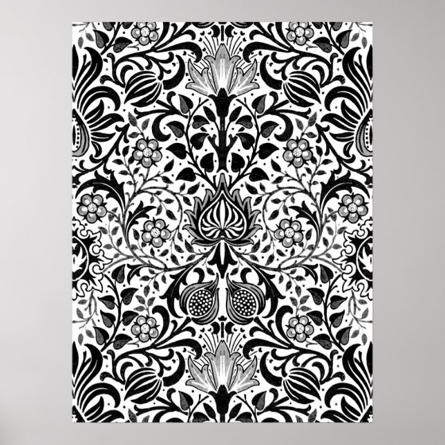 Jacobean Floral Damask, Black, White and Grey  Pos Poster (Front)