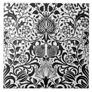 Jacobean Floral Damask, Black, White and Grey  Tile