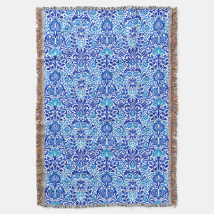 Jacobean Floral Damask, Cobalt Blue and White Throw Blanket