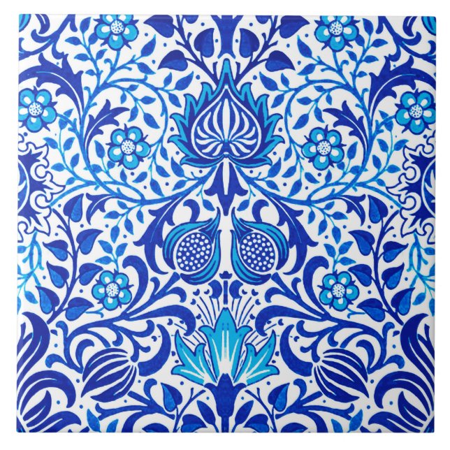 Jacobean Floral Damask, Cobalt Blue and White Tile (Front)