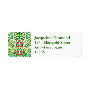 Jacobean Floral Damask, Green and Coral Red