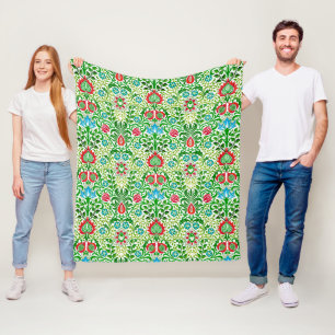 Jacobean Floral Damask, Green and Coral Red Fleece Blanket