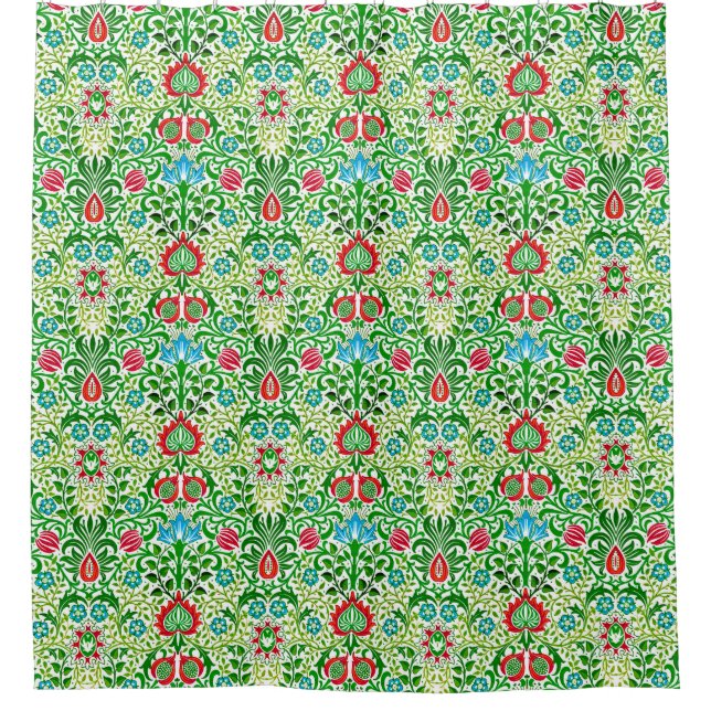 Jacobean Floral Damask, Green and Coral Red Shower Curtain (Front)