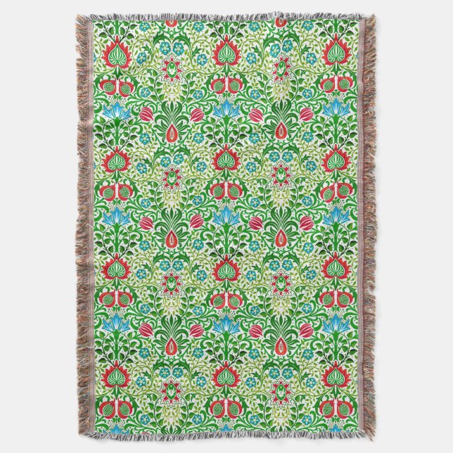 Jacobean Floral Damask, Green and Coral Red Throw Blanket (Front Vertical)