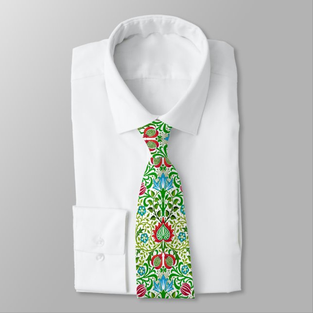 Jacobean Floral Damask, Green and Coral Red Tie (Tied)