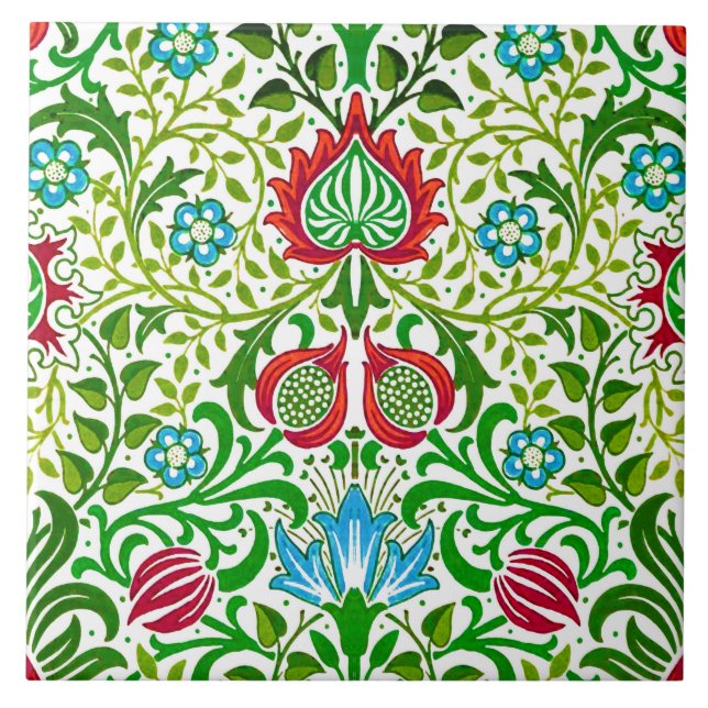 Jacobean Floral Damask, Green and Coral Red Tile (Front)