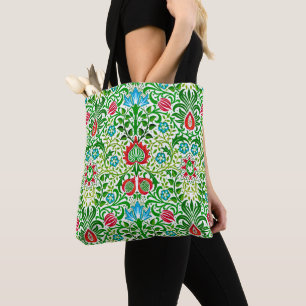 Jacobean Floral Damask, Green and Coral Red Tote Bag