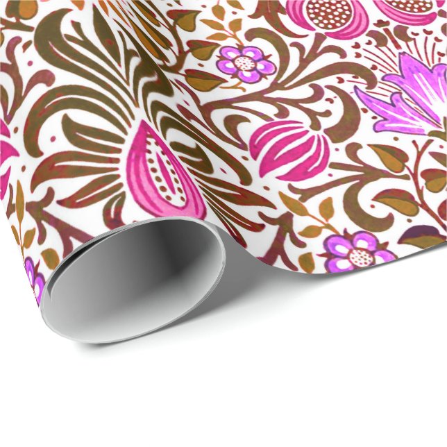 Jacobean Floral Damask, Pink, Violet and Brown Wra Wrapping Paper (Roll Corner)