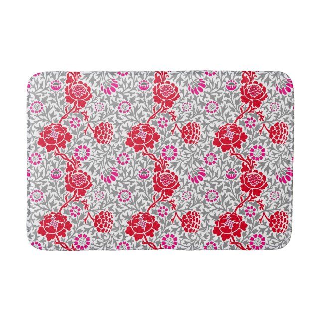 Jacobean Floral, Deep Red, Pink and Grey Bath Mat (Front)